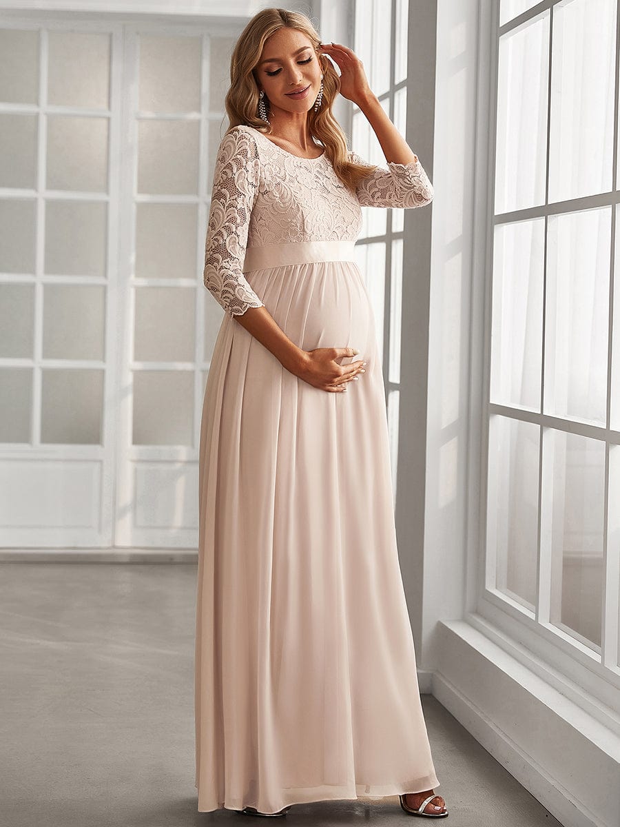 Elegant 3/4 Sleeves Embroidered Maternity Wedding Guest Dress #color_Blush