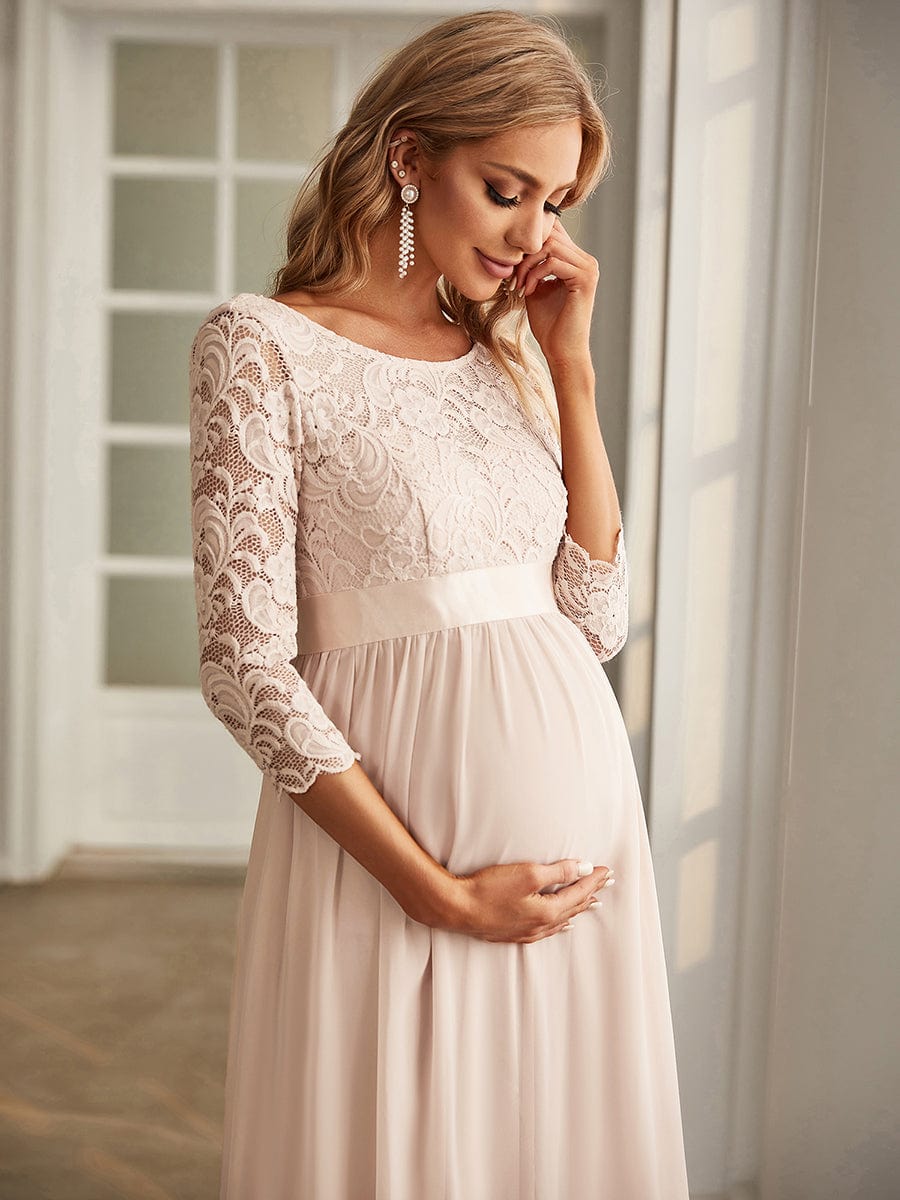 Round Neck V Back 3/4 Sleeves Embroidered Maternity Dress #color_Blush