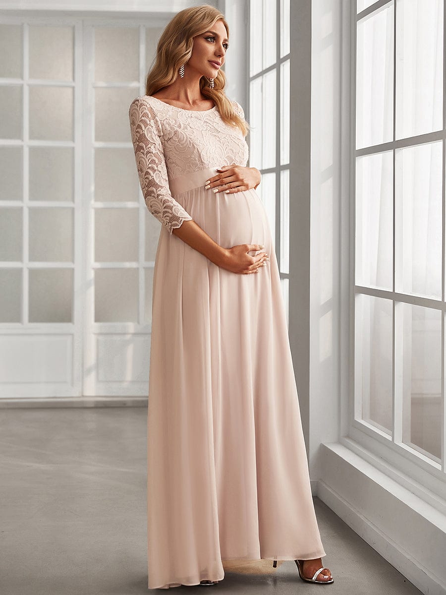 Round Neck V Back 3/4 Sleeves Embroidered Maternity Dress #color_Blush