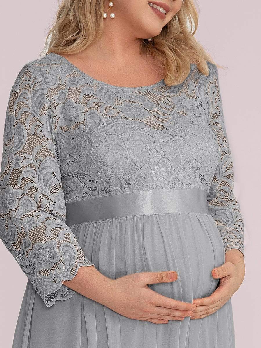 3/4 Sleeve Lace Floor Length Plus Size Maternity Dress #color_Grey