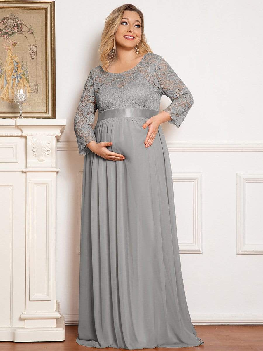 3/4 Sleeve Lace Floor Length Plus Size Maternity Dress #color_Grey