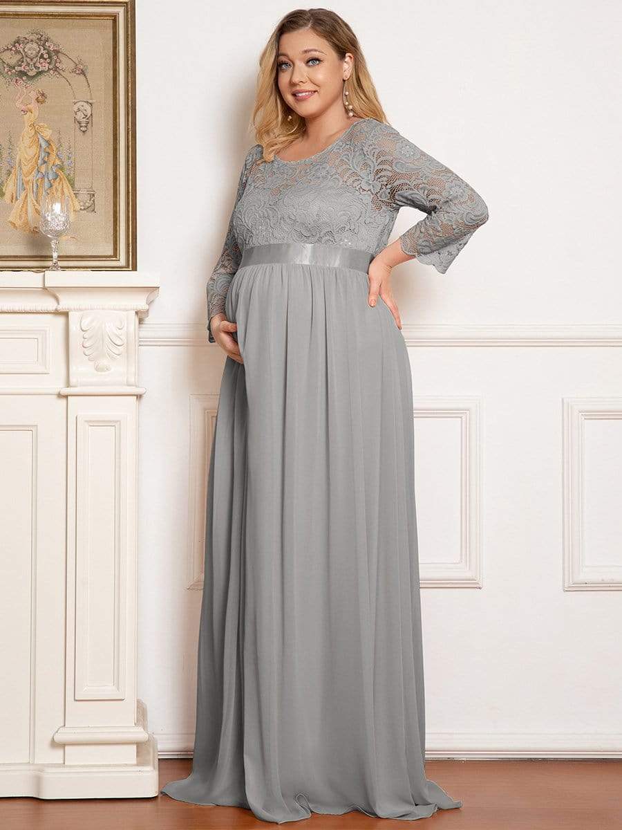 3/4 Sleeve Lace Floor Length Plus Size Maternity Dress #color_Grey