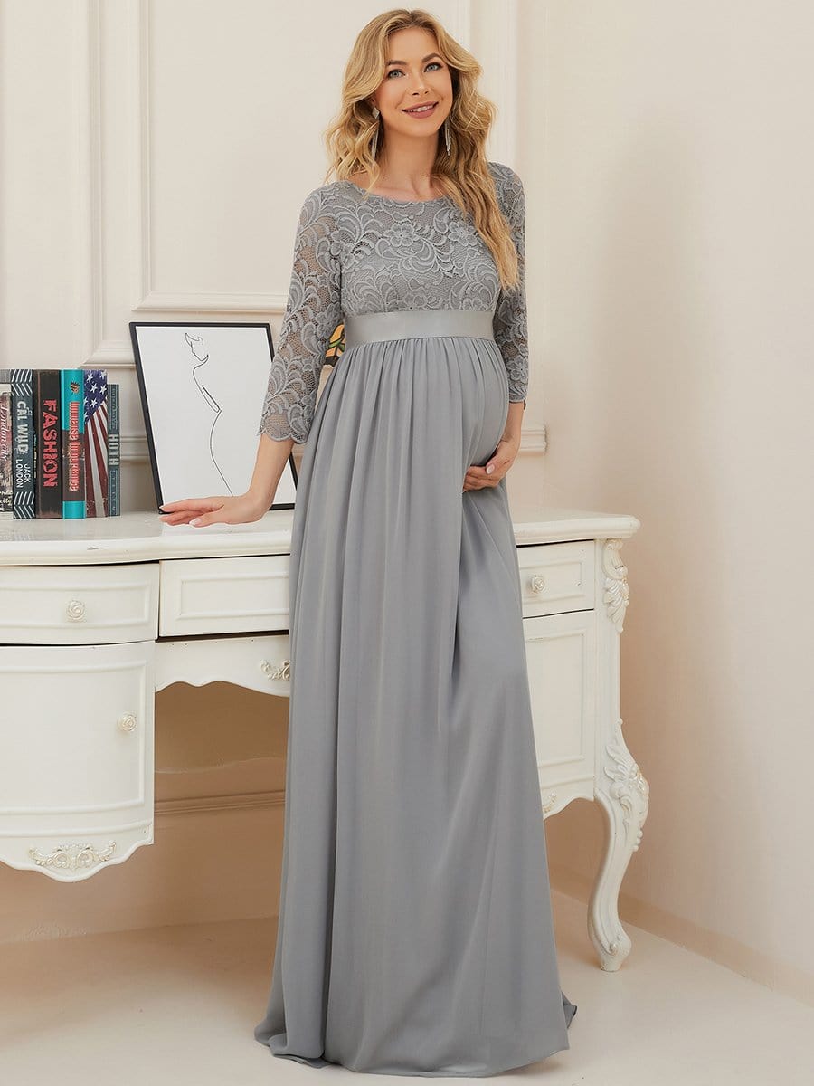 Round Neck V Back 3/4 Sleeves Embroidered Maternity Dress #color_Grey