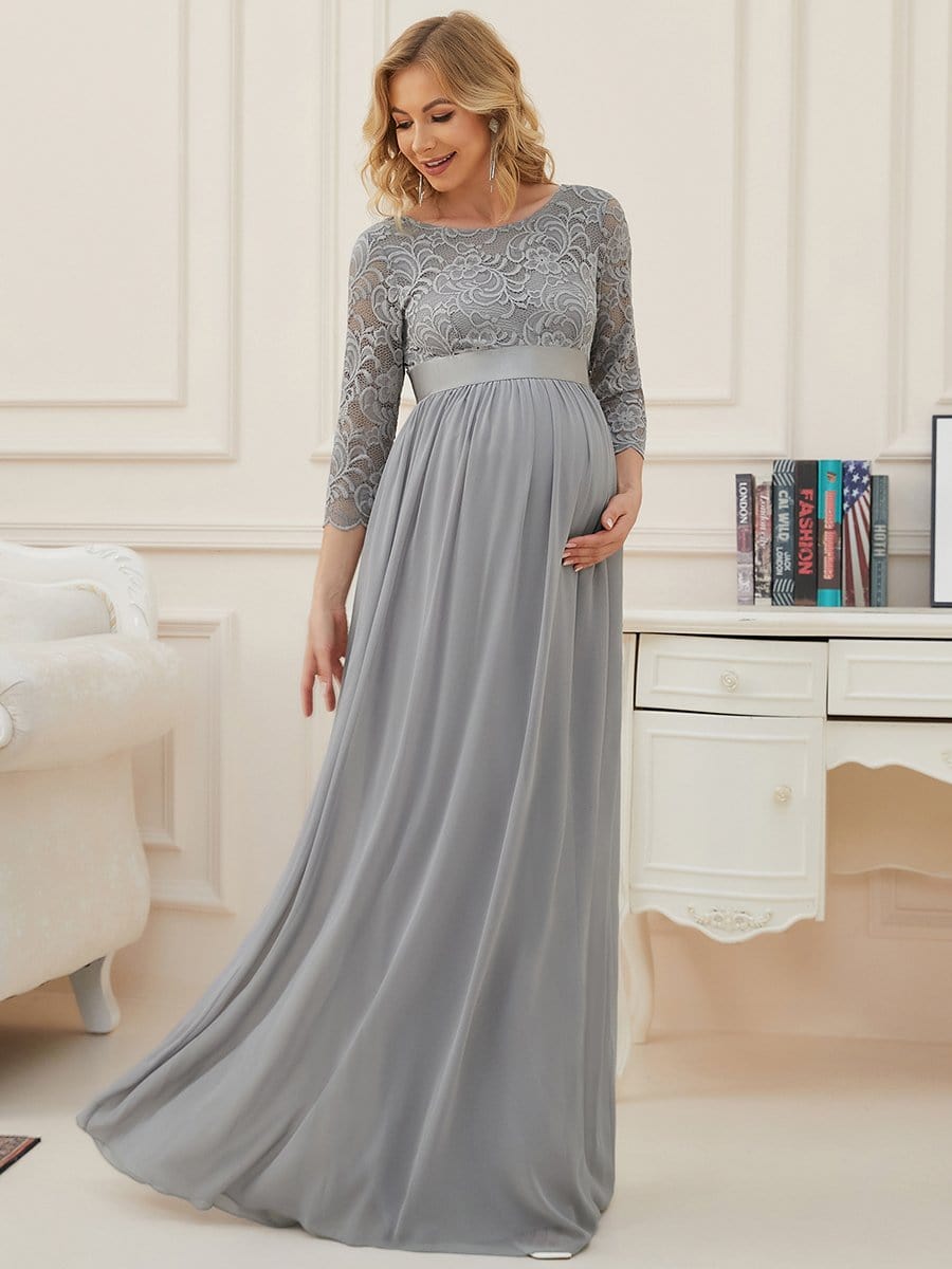 Round Neck V Back 3/4 Sleeves Embroidered Maternity Dress #color_Grey
