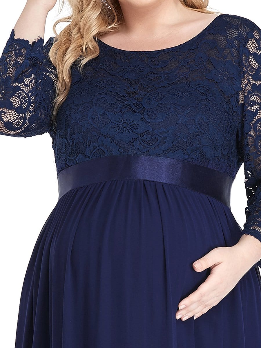 3/4 Sleeve Lace Floor Length Plus Size Maternity Dress #color_Navy Blue