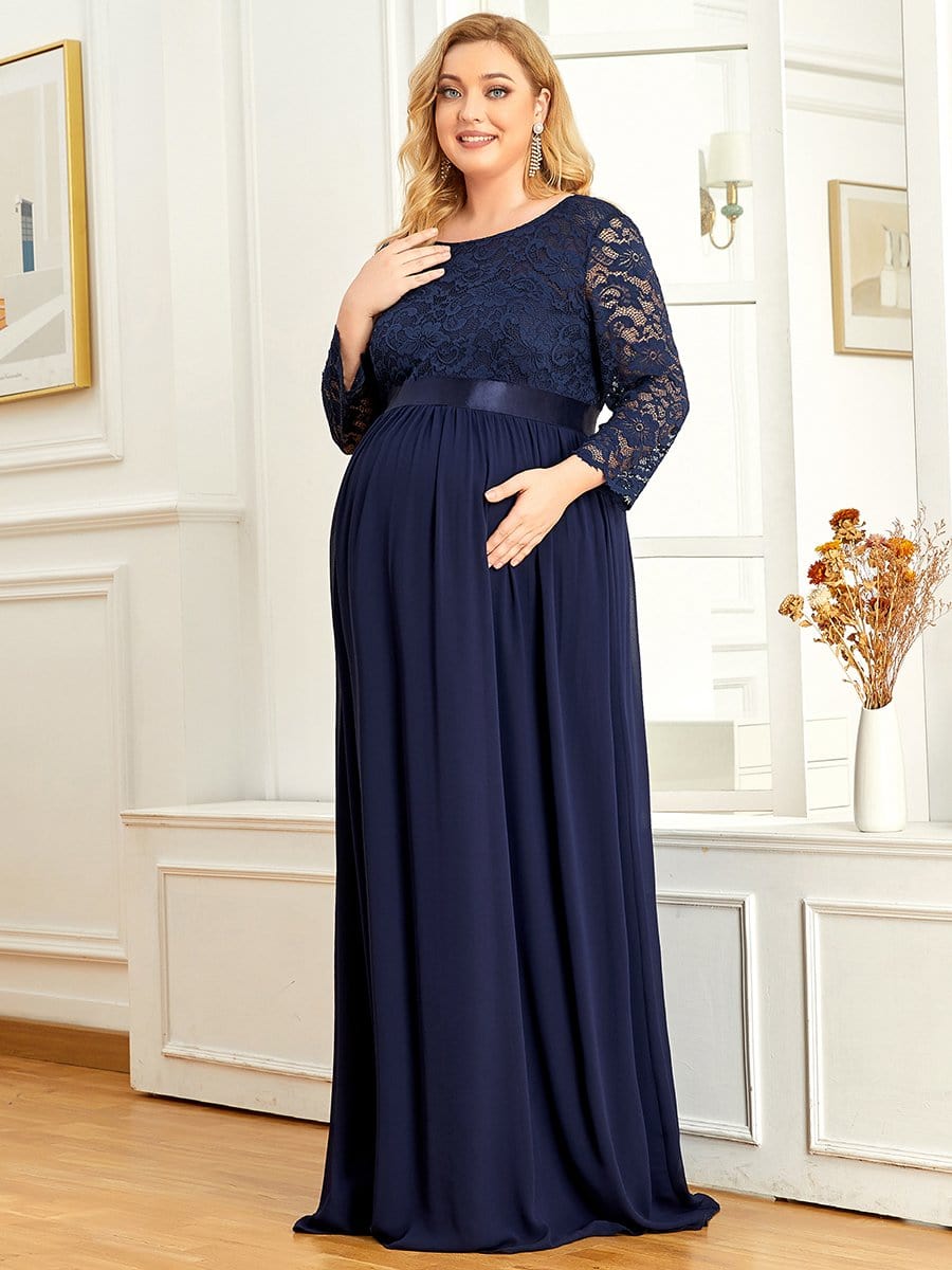 3/4 Sleeve Lace Floor Length Plus Size Maternity Dress #color_Navy Blue