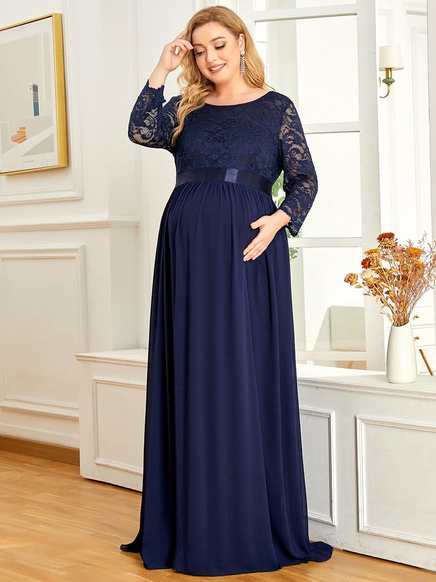 3/4 Sleeve Lace Floor Length Plus Size Maternity Dress #color_Navy Blue