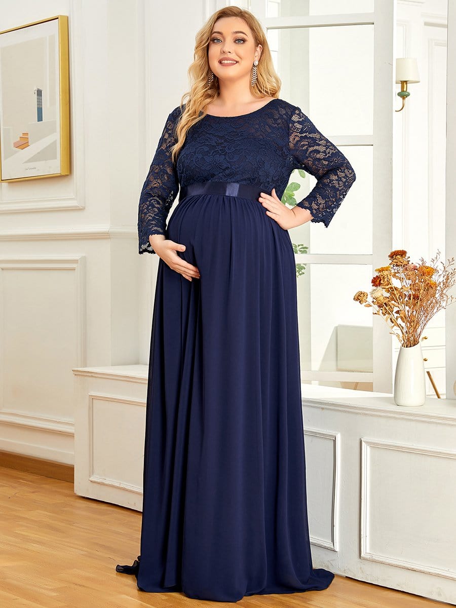 3/4 Sleeve Lace Floor Length Plus Size Maternity Dress #color_Navy Blue