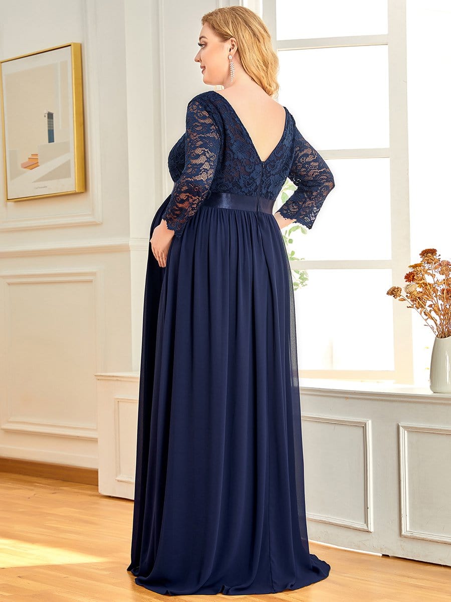 3/4 Sleeve Lace Floor Length Plus Size Maternity Dress #color_Navy Blue