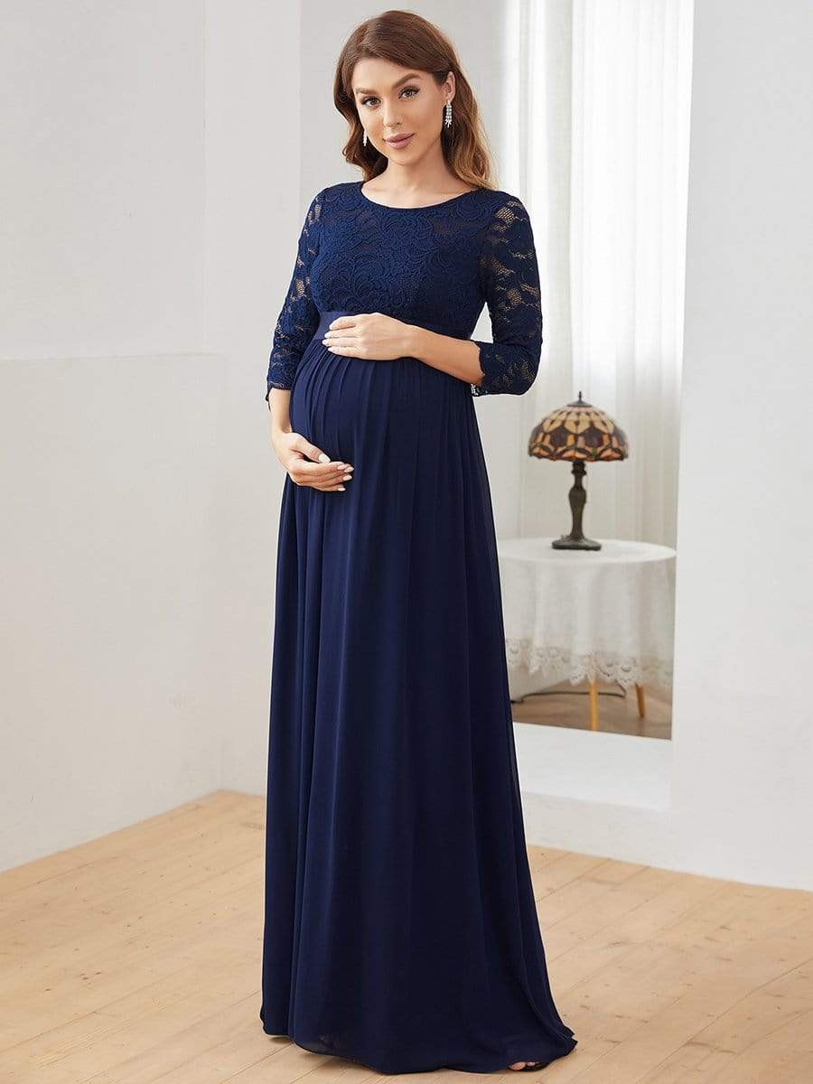 Round Neck V Back 3/4 Sleeves Embroidered Maternity Dress #color_Navy Blue