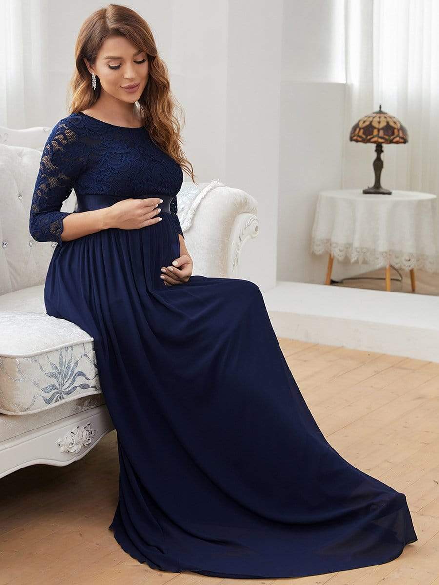 Round Neck V Back 3/4 Sleeves Embroidered Maternity Dress #color_Navy Blue