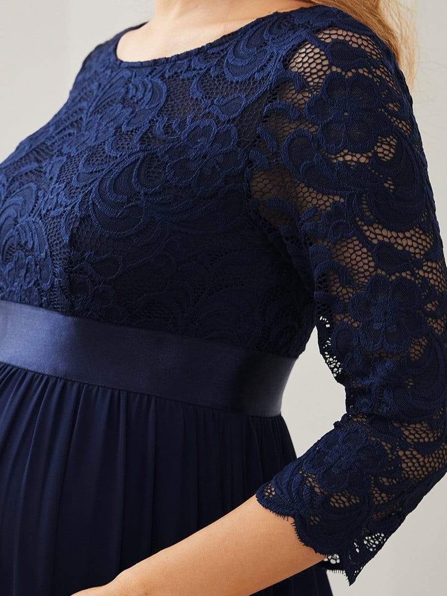 Round Neck V Back 3/4 Sleeves Embroidered Maternity Dress #color_Navy Blue
