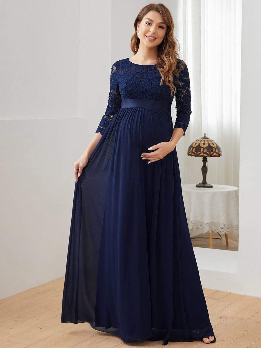 Round Neck V Back 3/4 Sleeves Embroidered Maternity Dress #color_Navy Blue