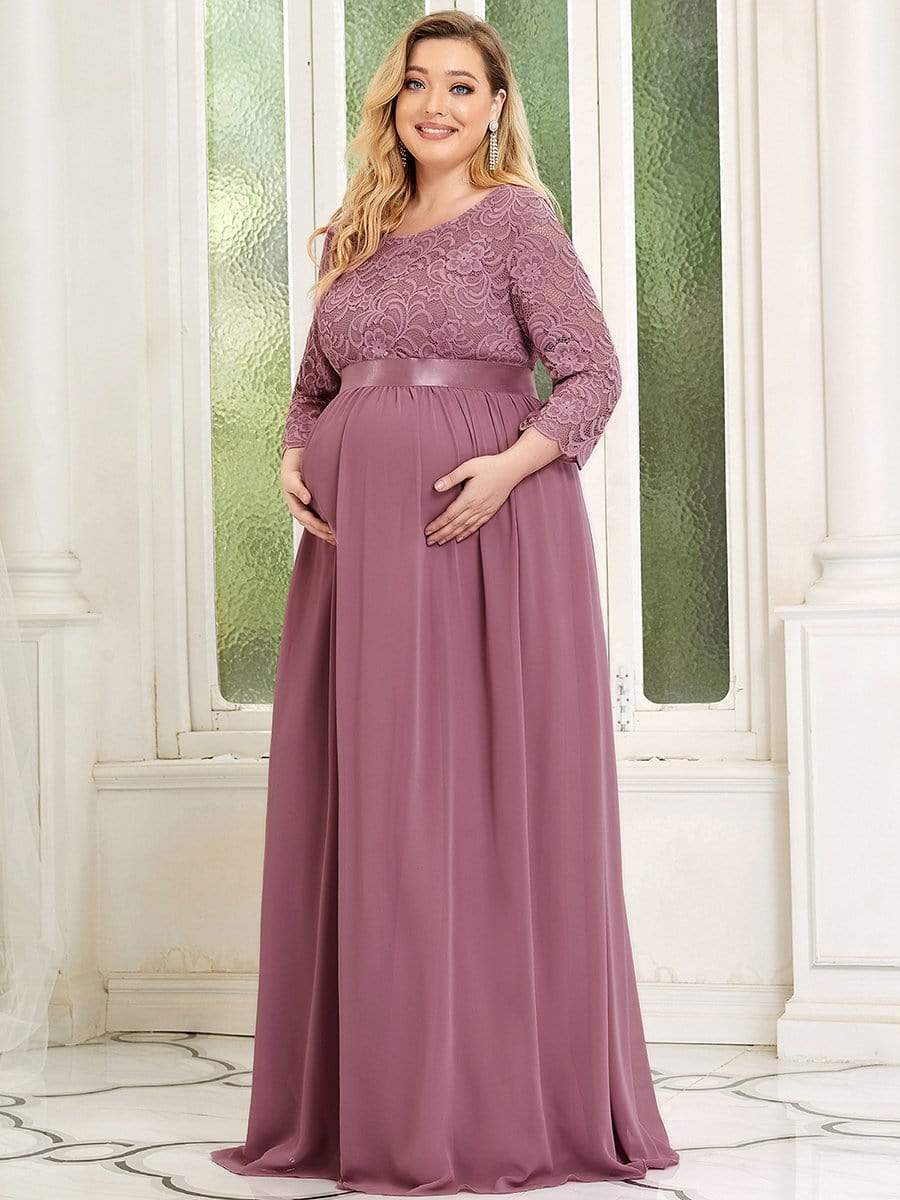 3/4 Sleeve Lace Floor Length Plus Size Maternity Dress #color_Purple Orchid