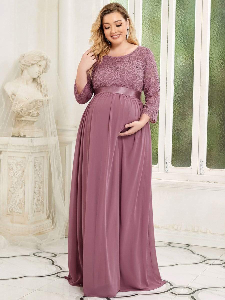 3/4 Sleeve Lace Floor Length Plus Size Maternity Dress #color_Purple Orchid