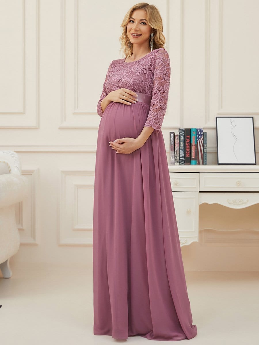 Round Neck V Back 3/4 Sleeves Embroidered Maternity Dress #color_Purple Orchid