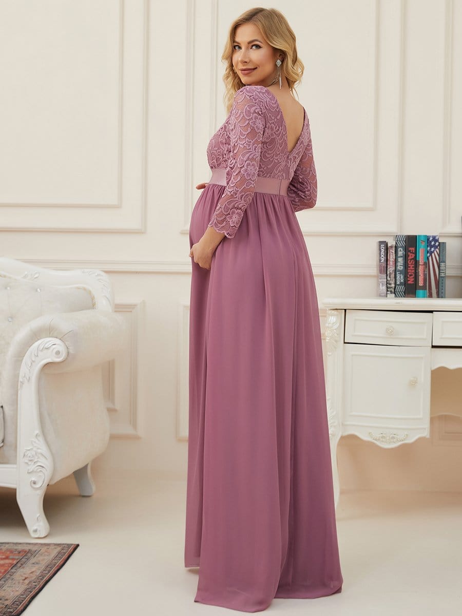 Round Neck V Back 3/4 Sleeves Embroidered Maternity Dress #color_Purple Orchid