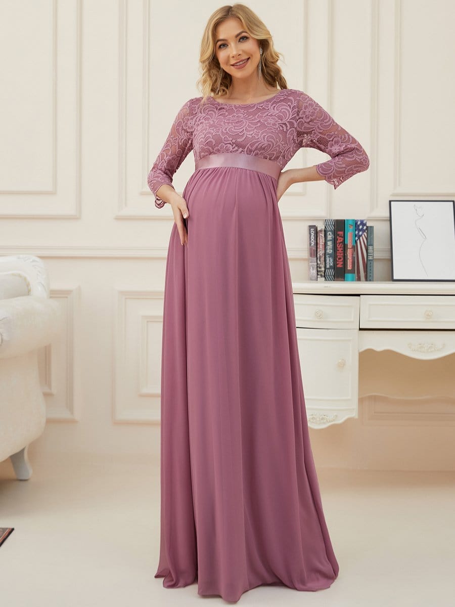 Round Neck V Back 3/4 Sleeves Embroidered Maternity Dress #color_Purple Orchid