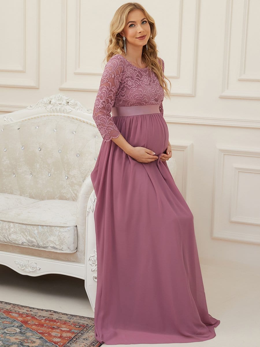 Round Neck V Back 3/4 Sleeves Embroidered Maternity Dress #color_Purple Orchid