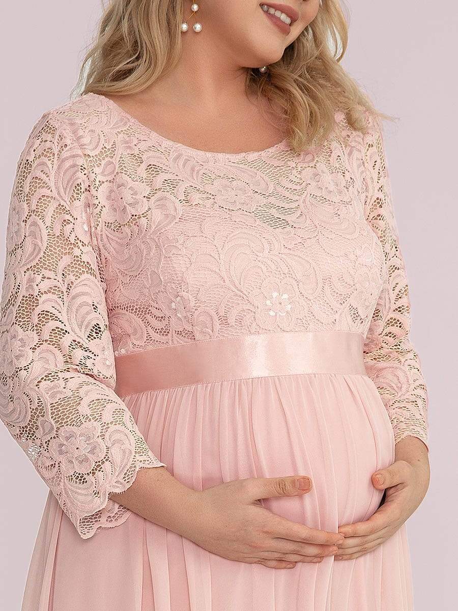 3/4 Sleeve Lace Floor Length Plus Size Maternity Dress #color_Pink