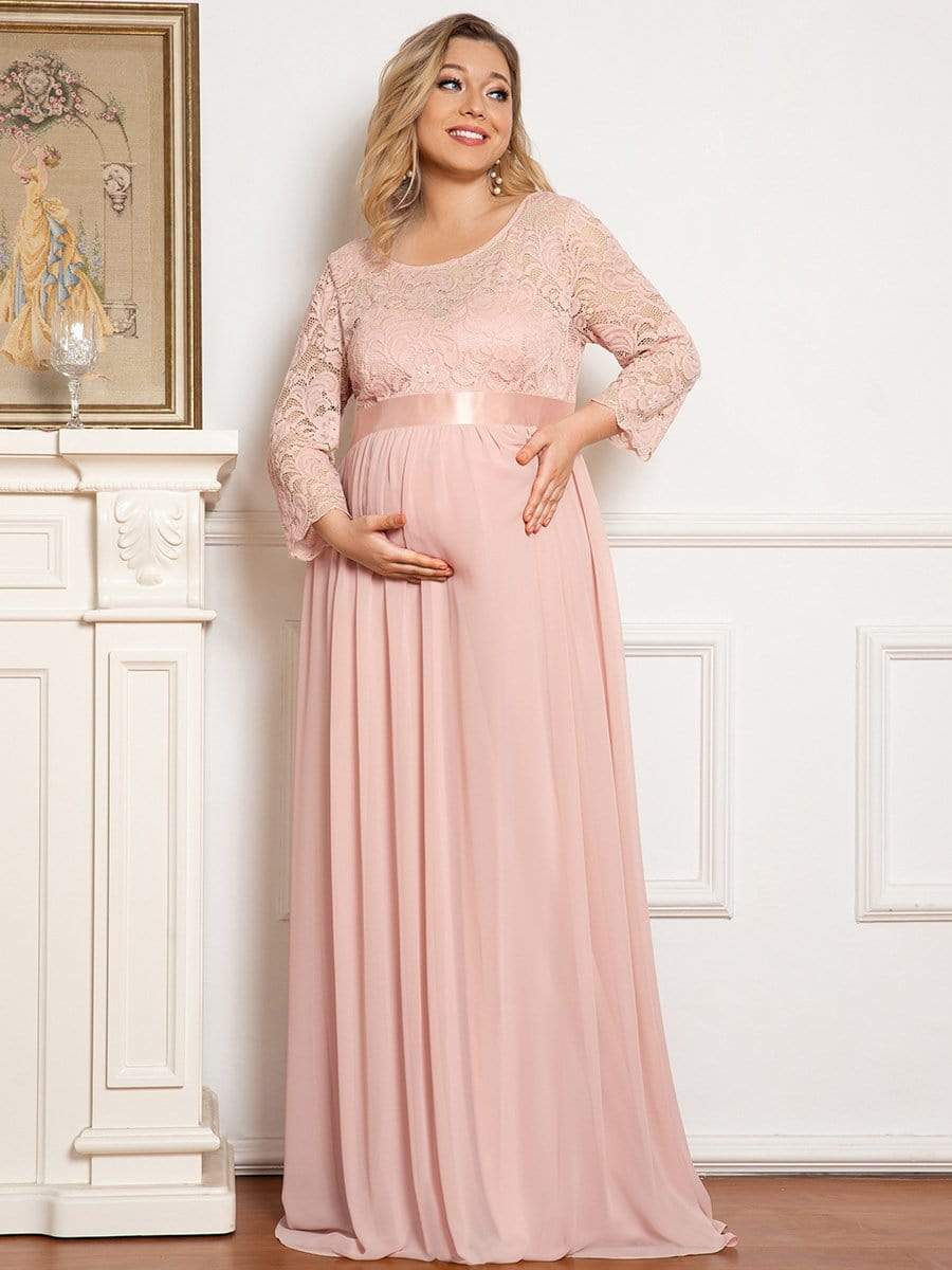 3/4 Sleeve Lace Floor Length Plus Size Maternity Dress #color_Pink