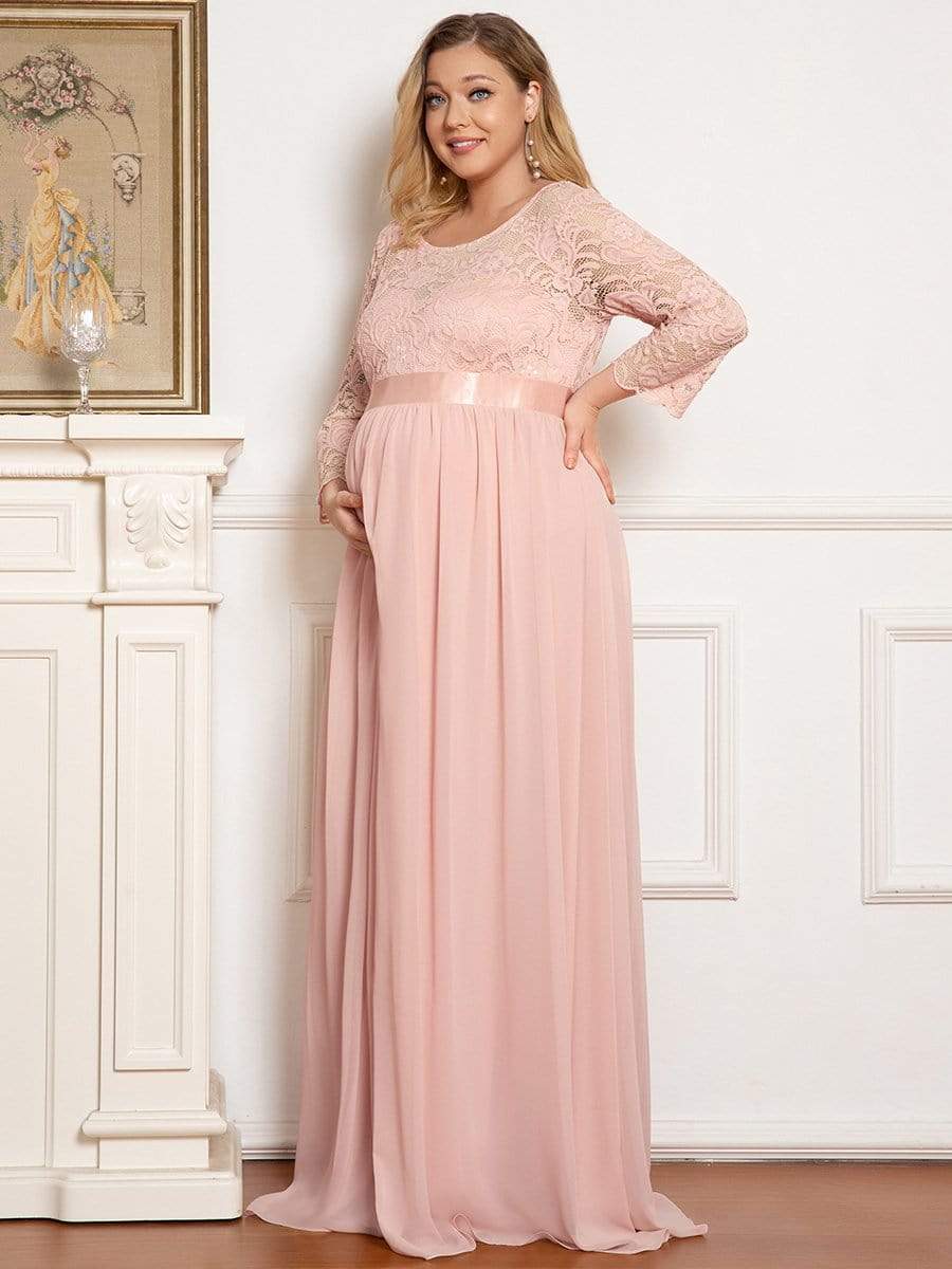 3/4 Sleeve Lace Floor Length Plus Size Maternity Dress #color_Pink