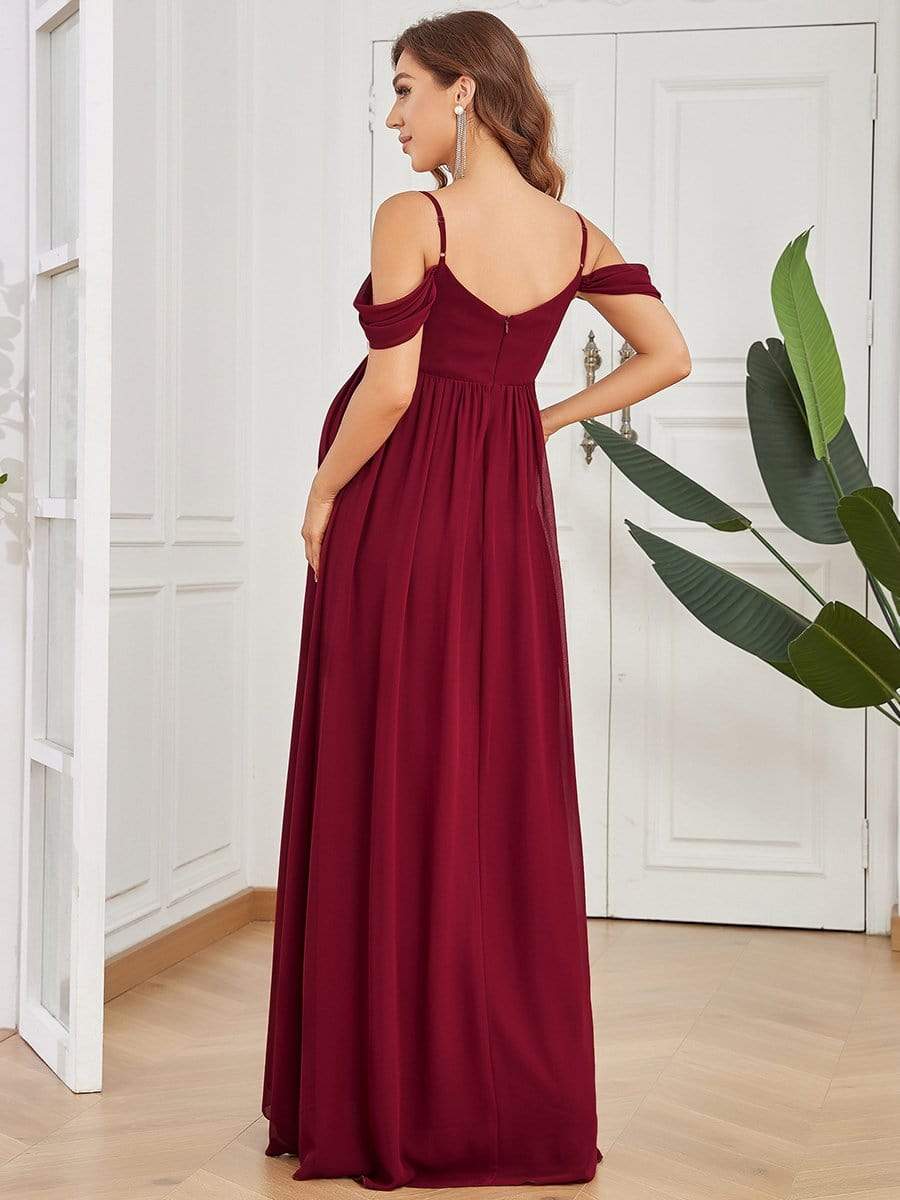 Off The Shoulder Spaghetti Straps Solid Maxi Maternity Dress #color_Burgundy