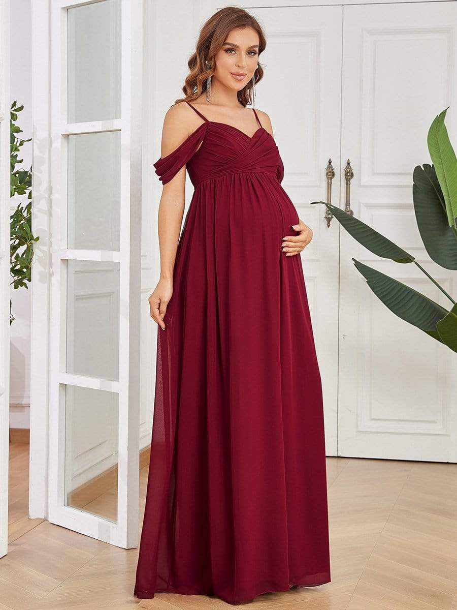 Off The Shoulder Spaghetti Straps Solid Maxi Maternity Dress #color_Burgundy