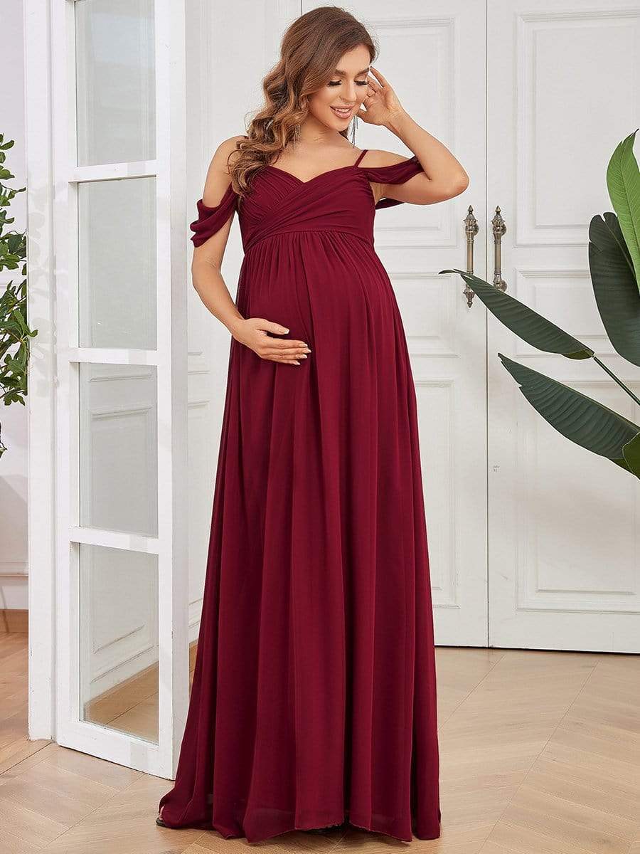 Off The Shoulder Spaghetti Straps Maxi Maternity Wedding Guest Dress #color_Burgundy