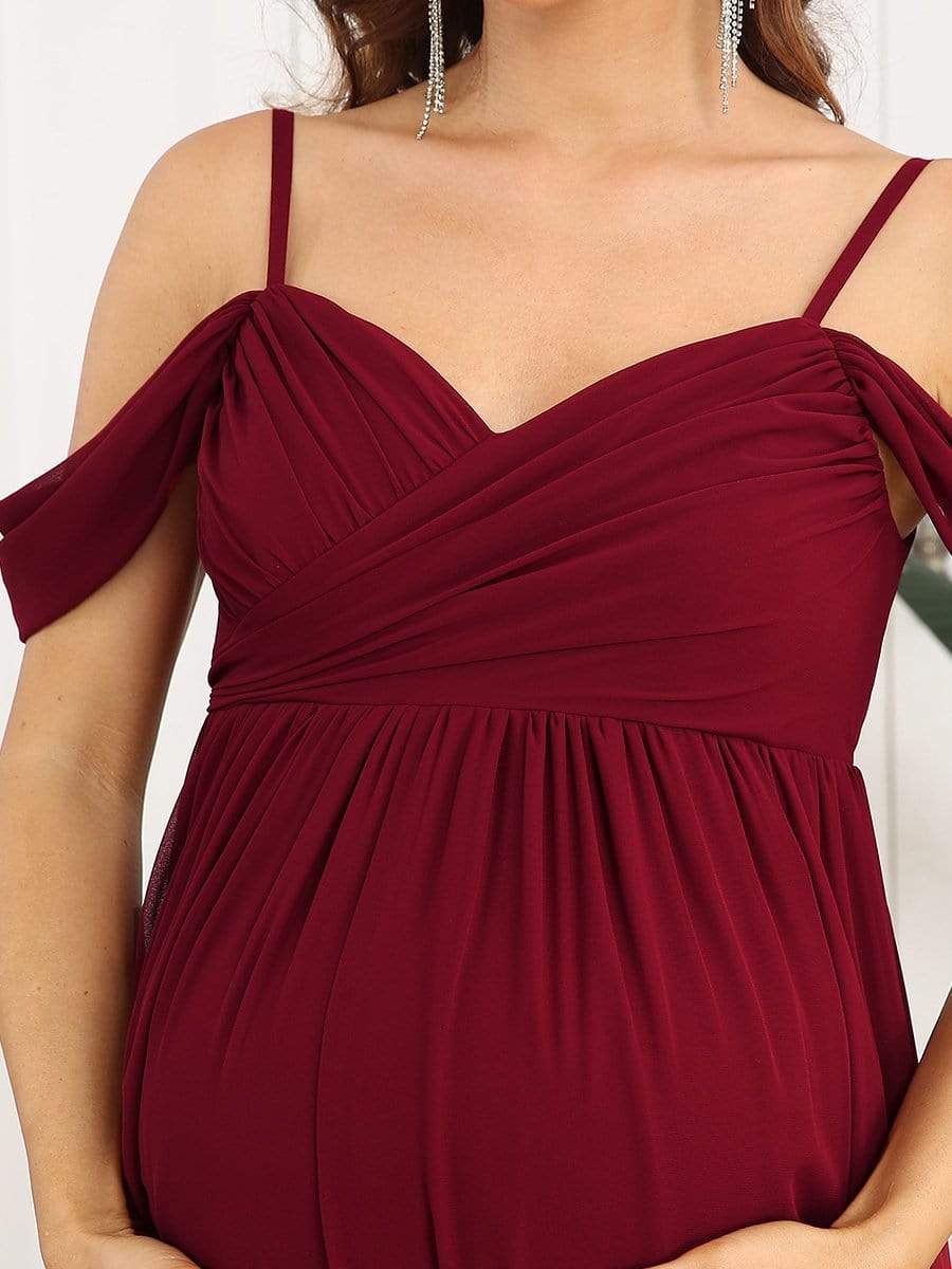 Off The Shoulder Spaghetti Straps Solid Maxi Maternity Dress #color_Burgundy