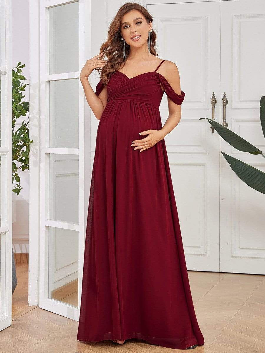 Off The Shoulder Spaghetti Straps Maxi Maternity Wedding Guest Dress #color_Burgundy