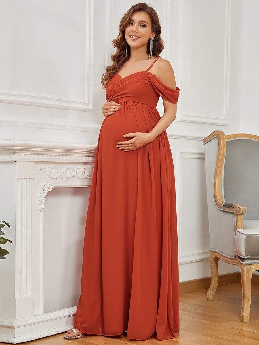 Off The Shoulder Spaghetti Straps Solid Maxi Maternity Dress #color_Burnt Orange