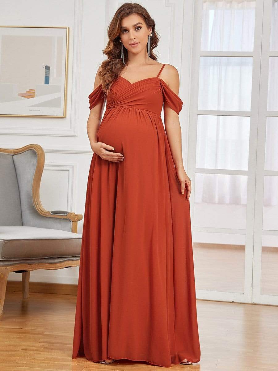 Off The Shoulder Spaghetti Straps Maxi Maternity Wedding Guest Dress #color_Burnt Orange