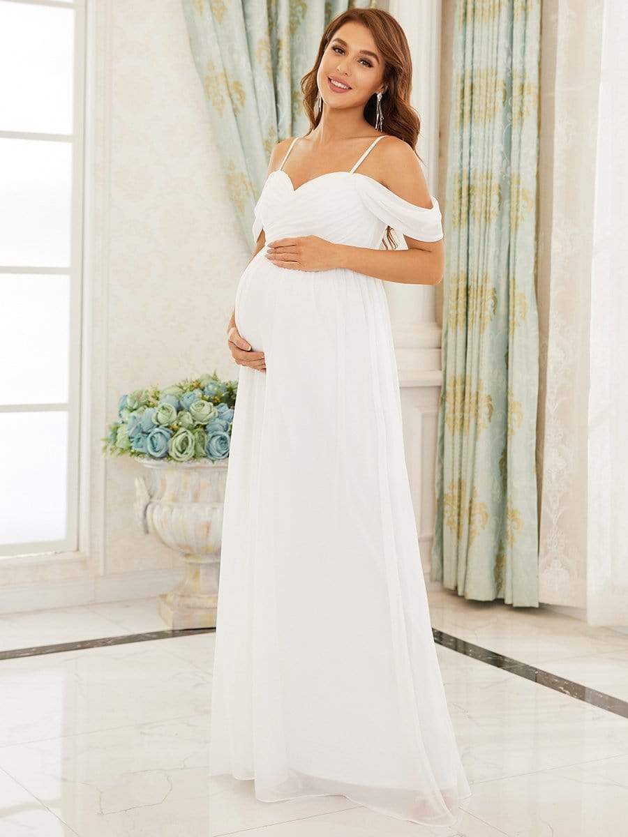 Off The Shoulder Spaghetti Straps Maxi Maternity Wedding Guest Dress #color_Cream