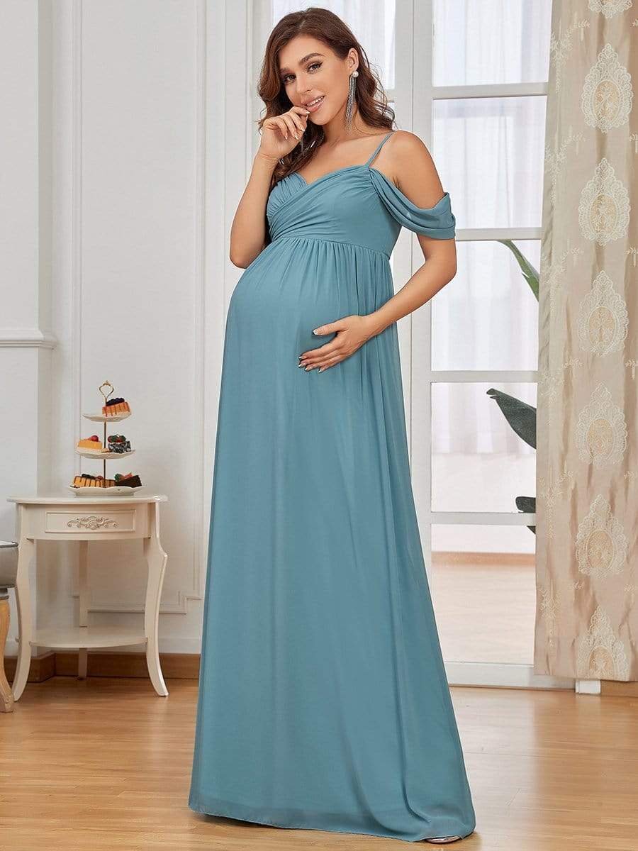 Off The Shoulder Spaghetti Straps Maxi Maternity Wedding Guest Dress #color_Light Teal