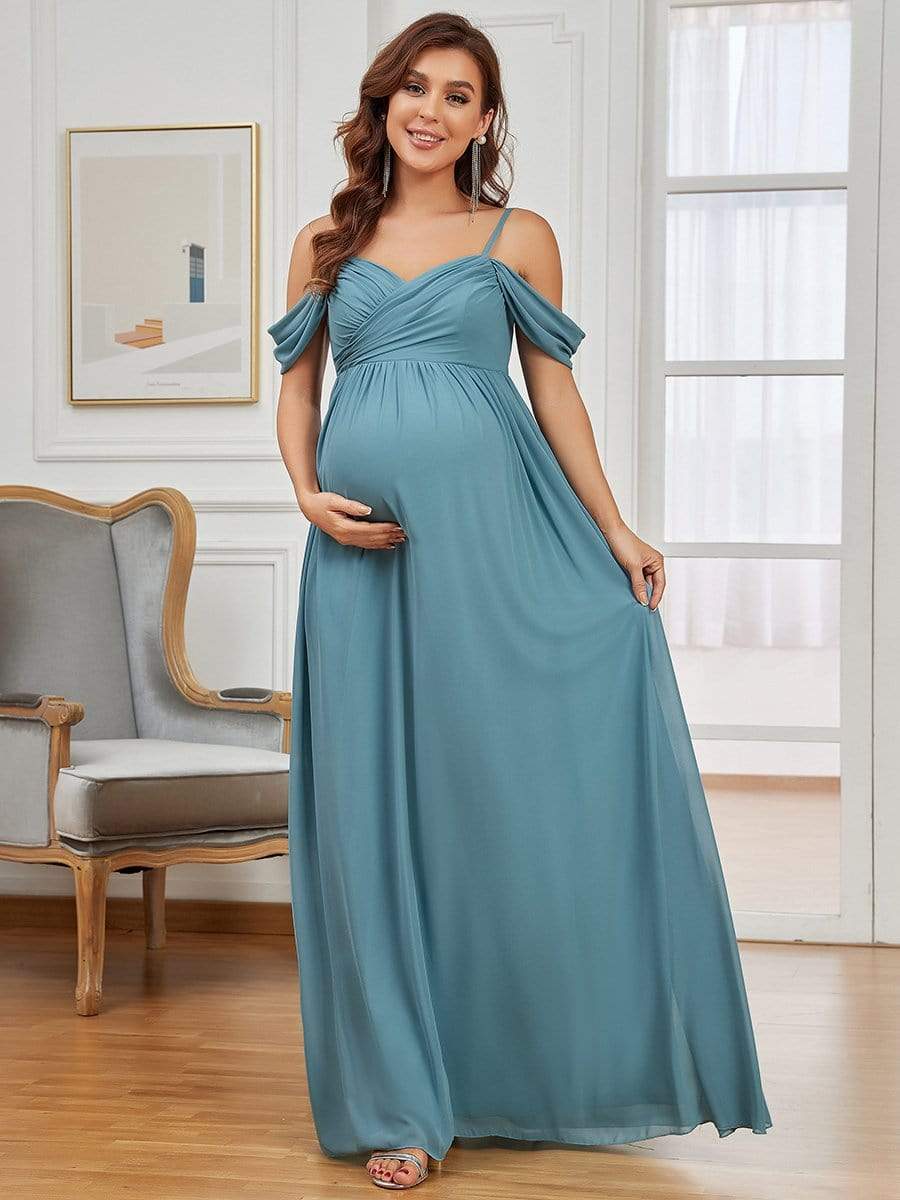 Off The Shoulder Spaghetti Straps Solid Maxi Maternity Dress #color_Dusty Blue