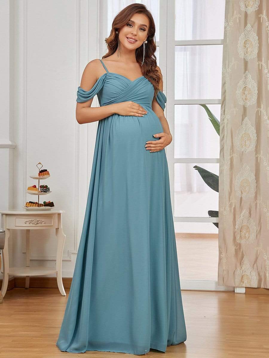 Off The Shoulder Spaghetti Straps Maxi Maternity Wedding Guest Dress #color_Light Teal