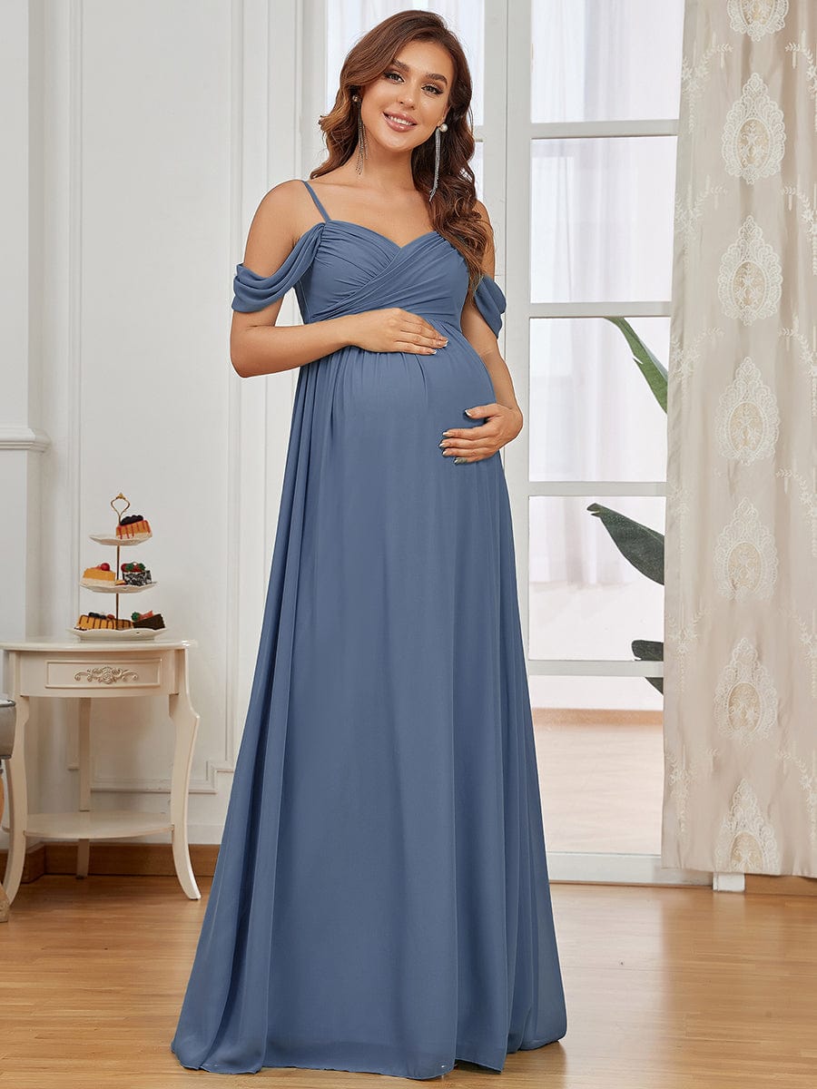 Off The Shoulder Spaghetti Straps Maxi Maternity Wedding Guest Dress #color_Dusty Blue