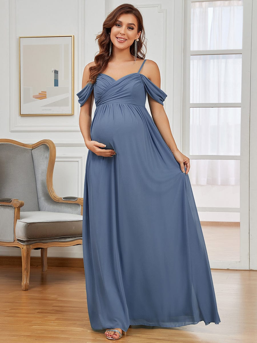 Off The Shoulder Spaghetti Straps Maxi Maternity Wedding Guest Dress #color_Dusty Blue