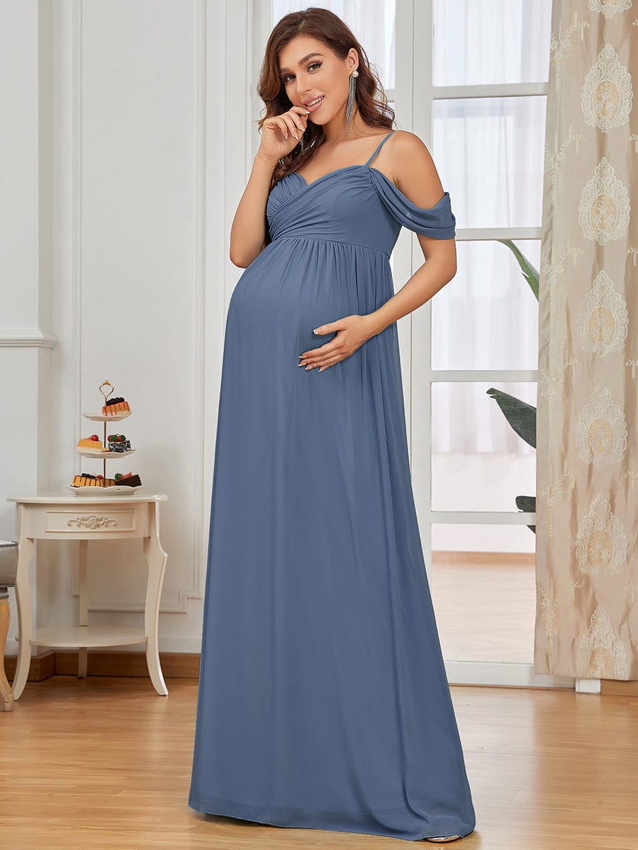 Off The Shoulder Spaghetti Straps Maxi Maternity Wedding Guest Dress #color_Dusty Blue