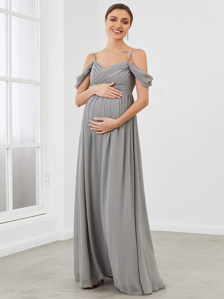 Off The Shoulder Spaghetti Straps Solid Maxi Maternity Dress #color_Grey