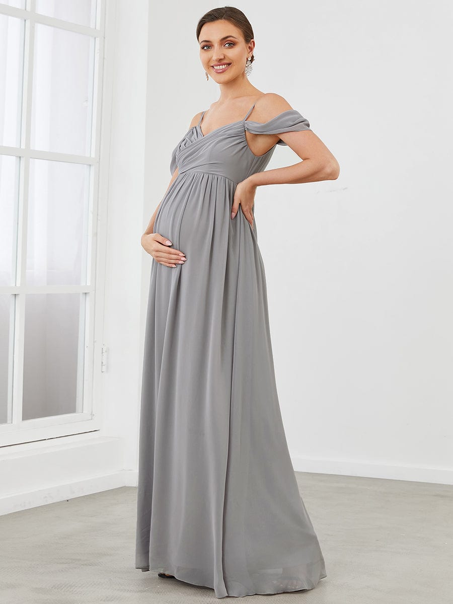 Off The Shoulder Spaghetti Straps Maxi Maternity Wedding Guest Dress #color_Grey