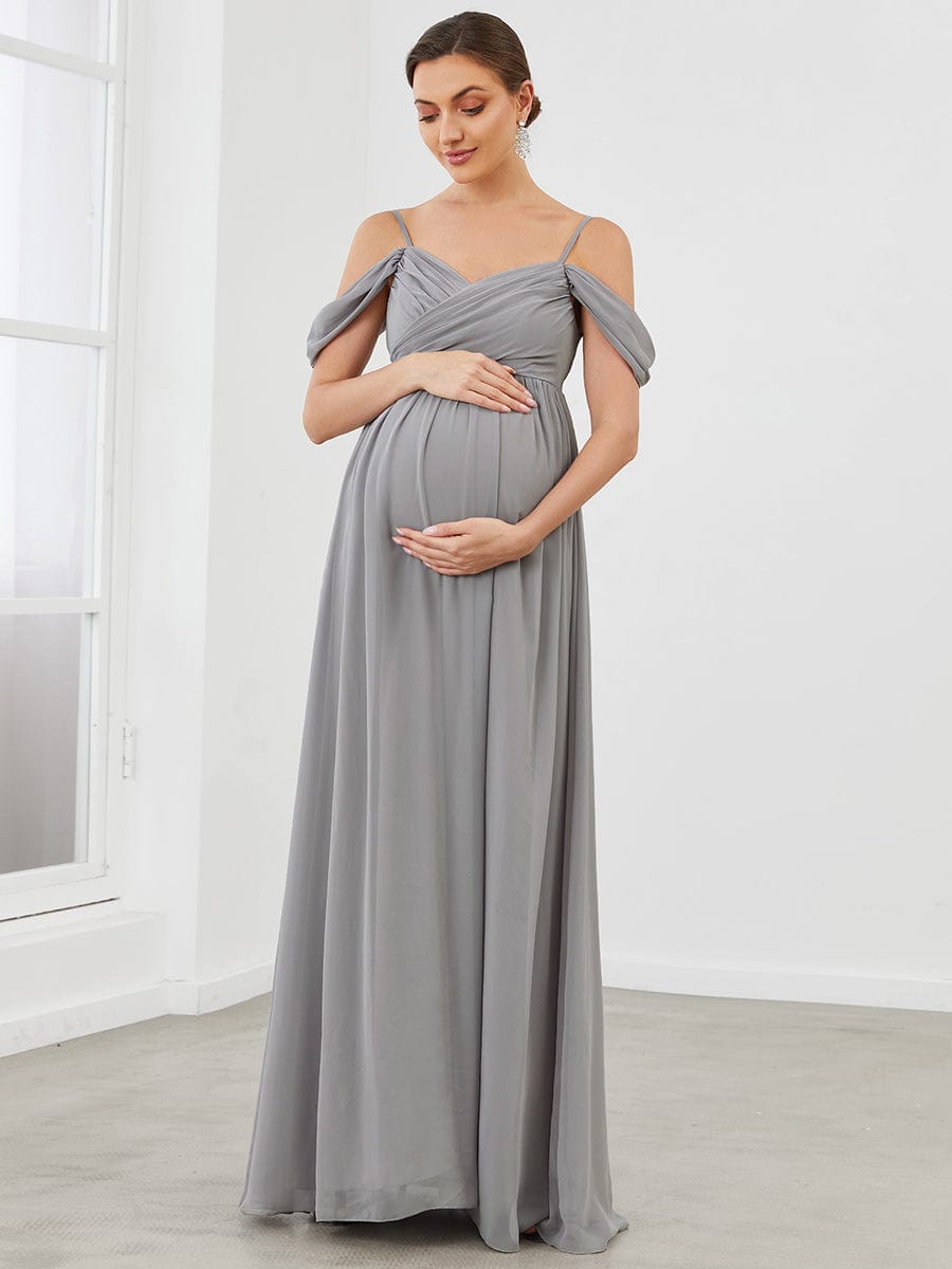 Off The Shoulder Spaghetti Straps Maxi Maternity Wedding Guest Dress #color_Grey