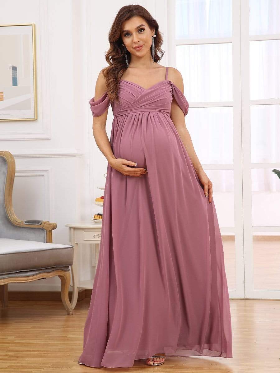 Off The Shoulder Spaghetti Straps Maxi Maternity Wedding Guest Dress #color_Purple Orchid