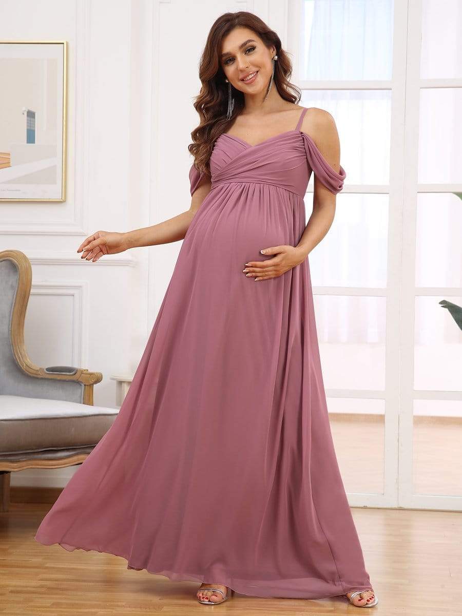 Off The Shoulder Spaghetti Straps Solid Maxi Maternity Dress #color_Purple Orchid