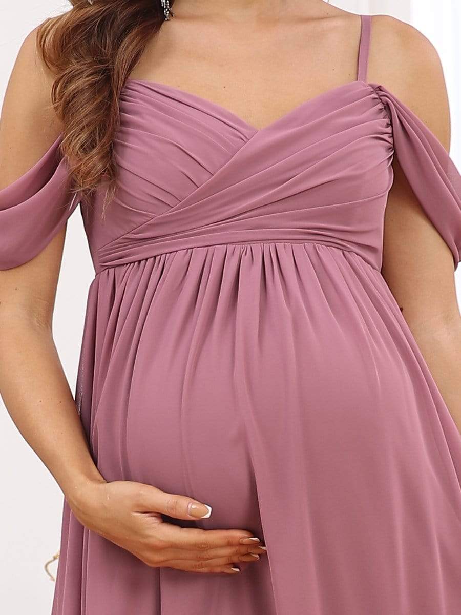 Off The Shoulder Spaghetti Straps Solid Maxi Maternity Dress #color_Purple Orchid