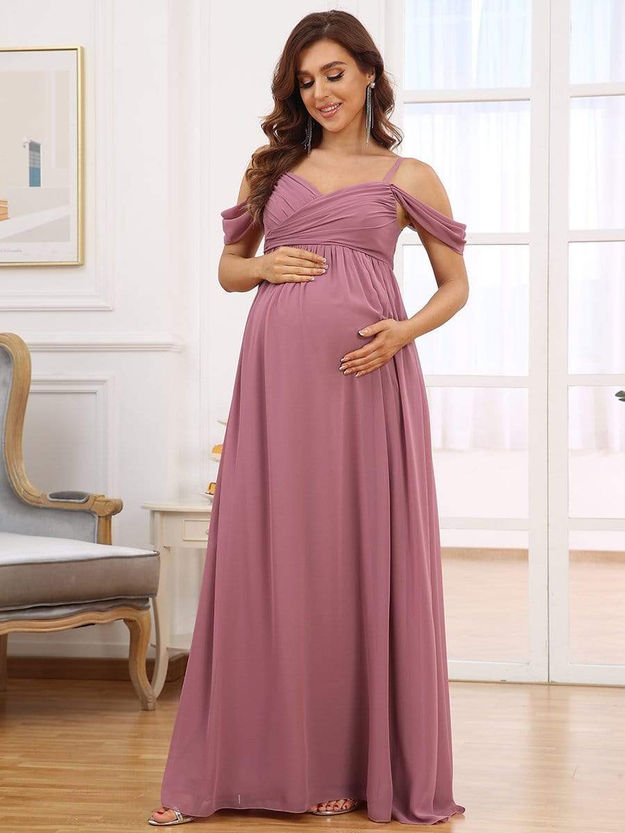 Off The Shoulder Spaghetti Straps Solid Maxi Maternity Dress #color_Purple Orchid