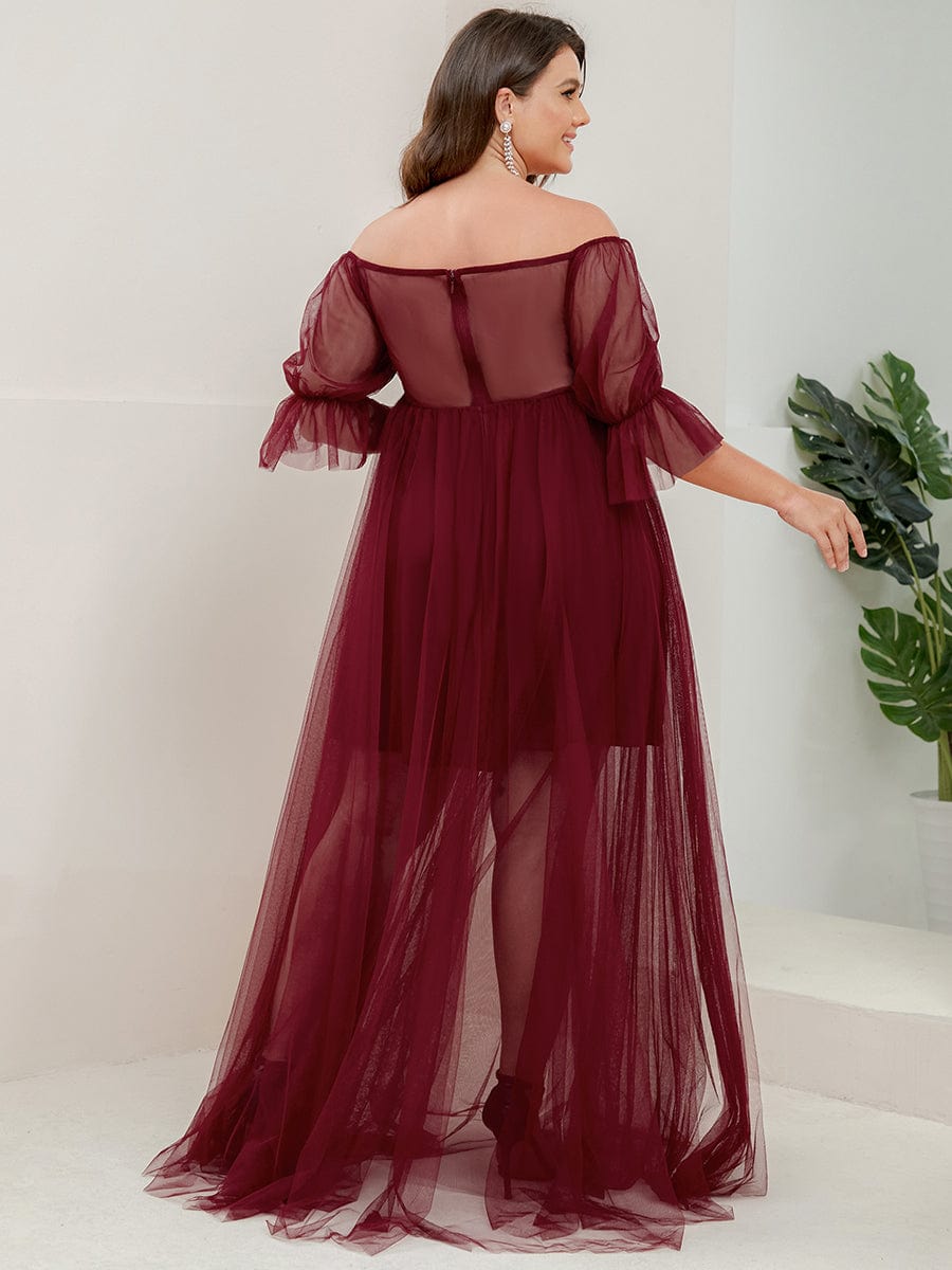 Off the Shoulder Pleated Tulle Maxi Maternity Dress #color_Burgundy