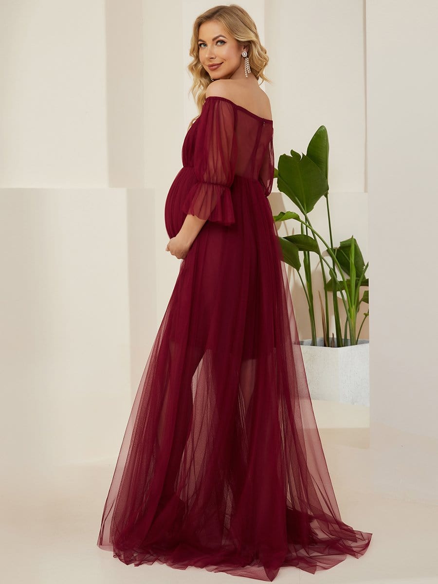 Off the Shoulder Pleated Tulle Maxi Maternity Wedding Guest Dress #color_Burgundy