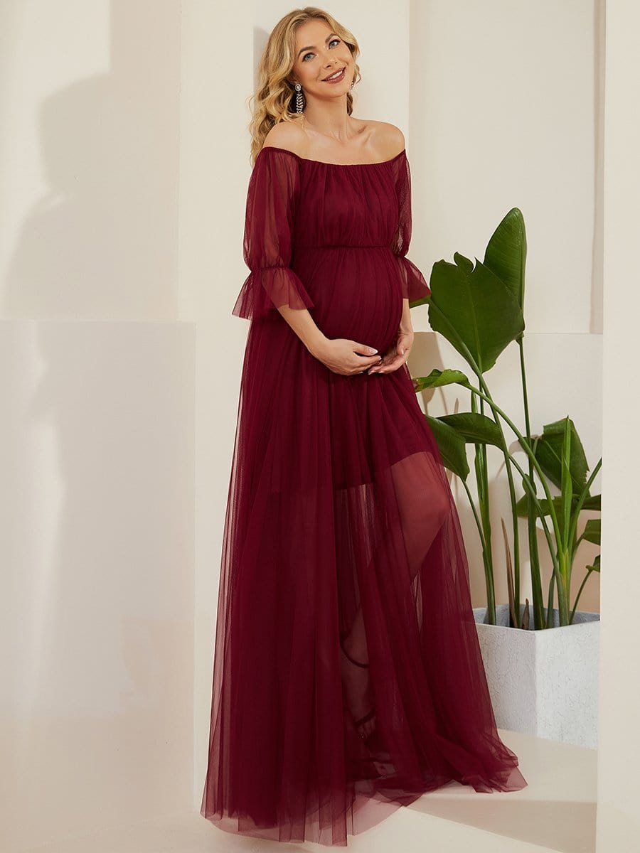 Off the Shoulder Pleated Tulle Maxi Maternity Wedding Guest Dress #color_Burgundy